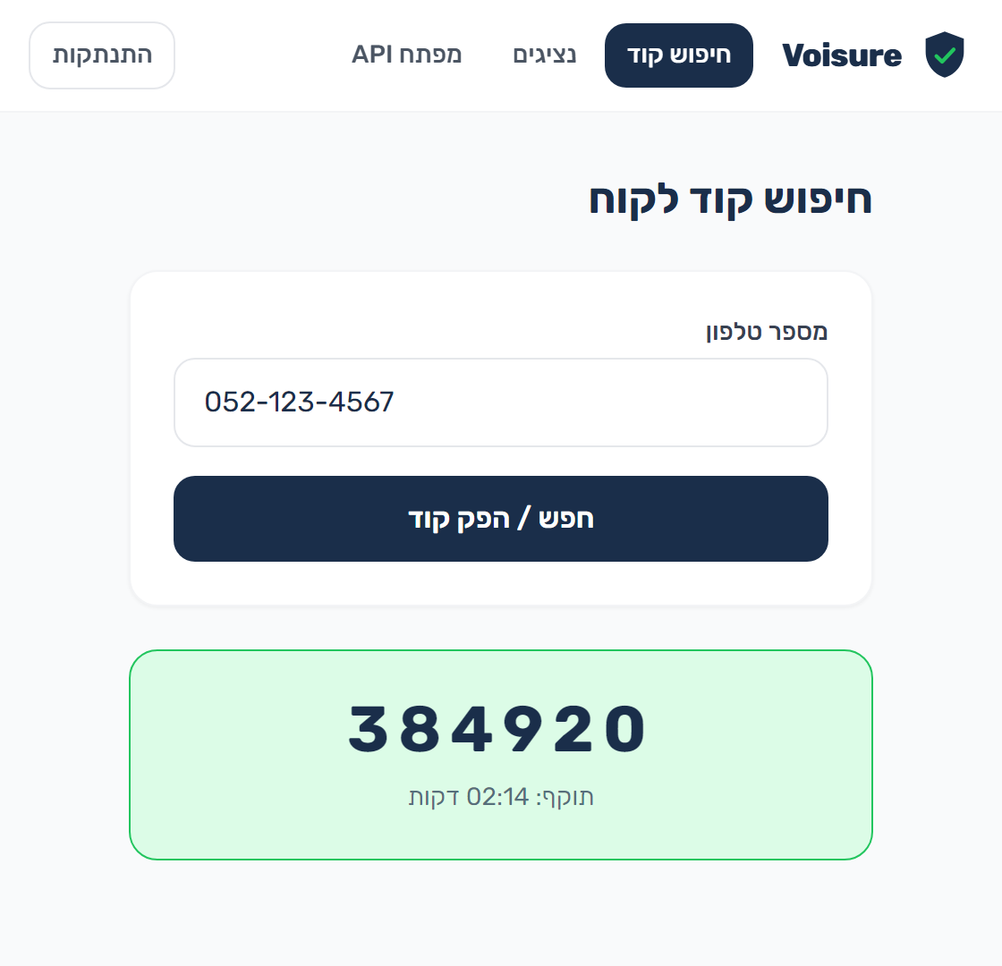 דשבורד ניהול לחברות של Voisure, עם חיפוש קוד לפי מספר טלפון